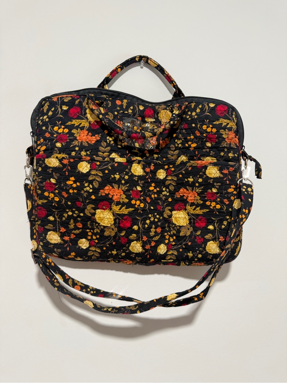 Quilted Floral Laptop Tote - Black with Red & Yellow Roses